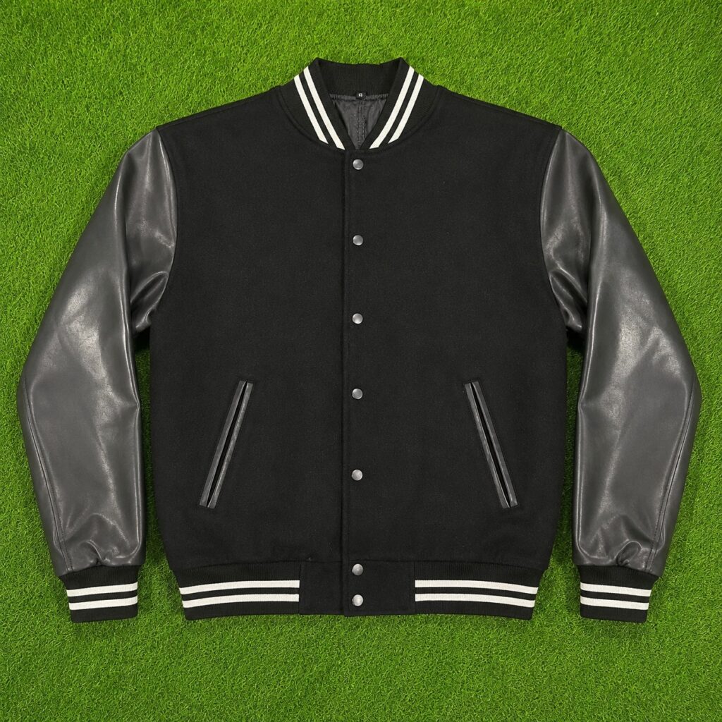 Classic Black Varsity Bomber Jacket with Leather Sleeves
