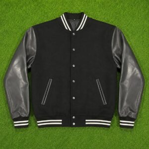 Classic Black Varsity Bomber Jacket with Leather Sleeves